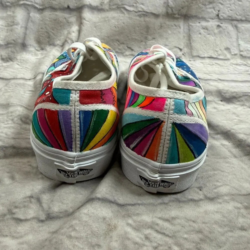 Custom Hand Painted Vans Sun Earth Mushrooms Peace Rainbow Women's Size 7 Shoes